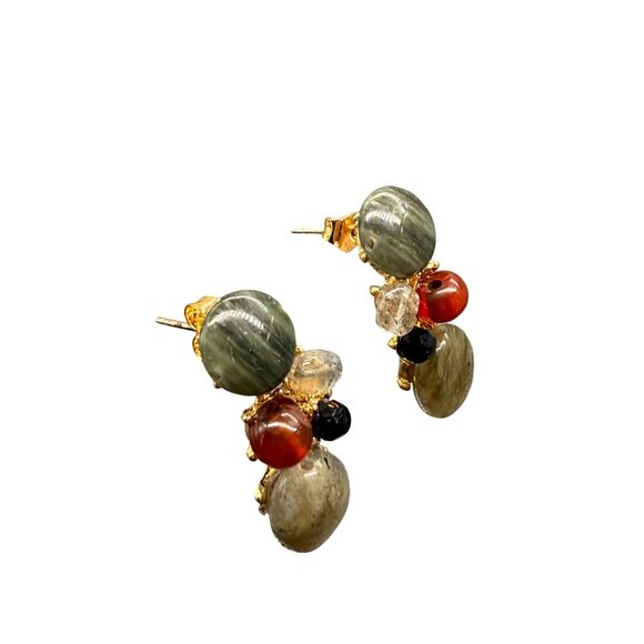 Multicolor Stones Beaded Crystal Cluster Dangle Drop Earrings Boho Gold Tone - Picture 3 of 5